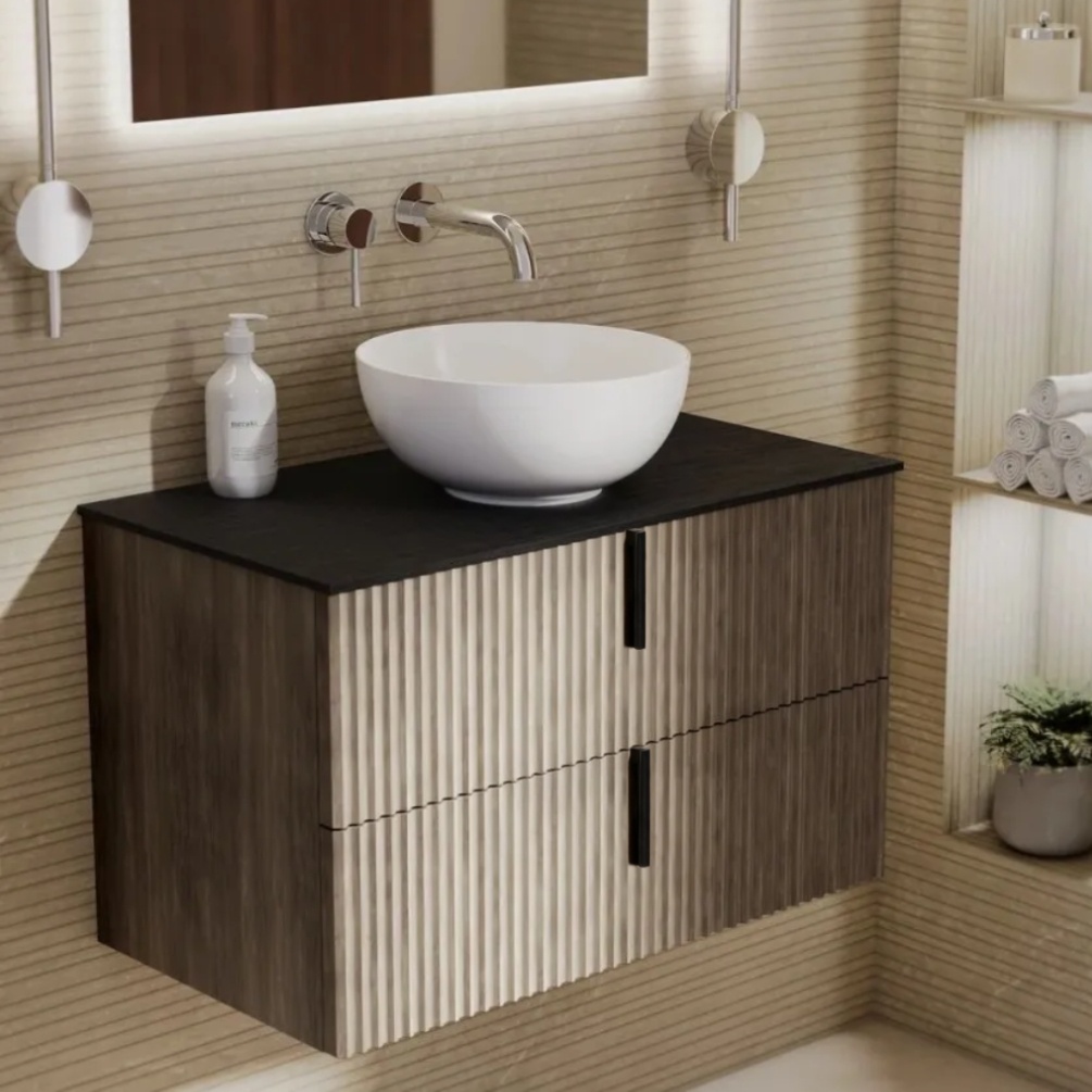 Lifestyle image of Marlow Rockford 800mm Wall-Hung Vanity Unit & Mune Black Worktop
